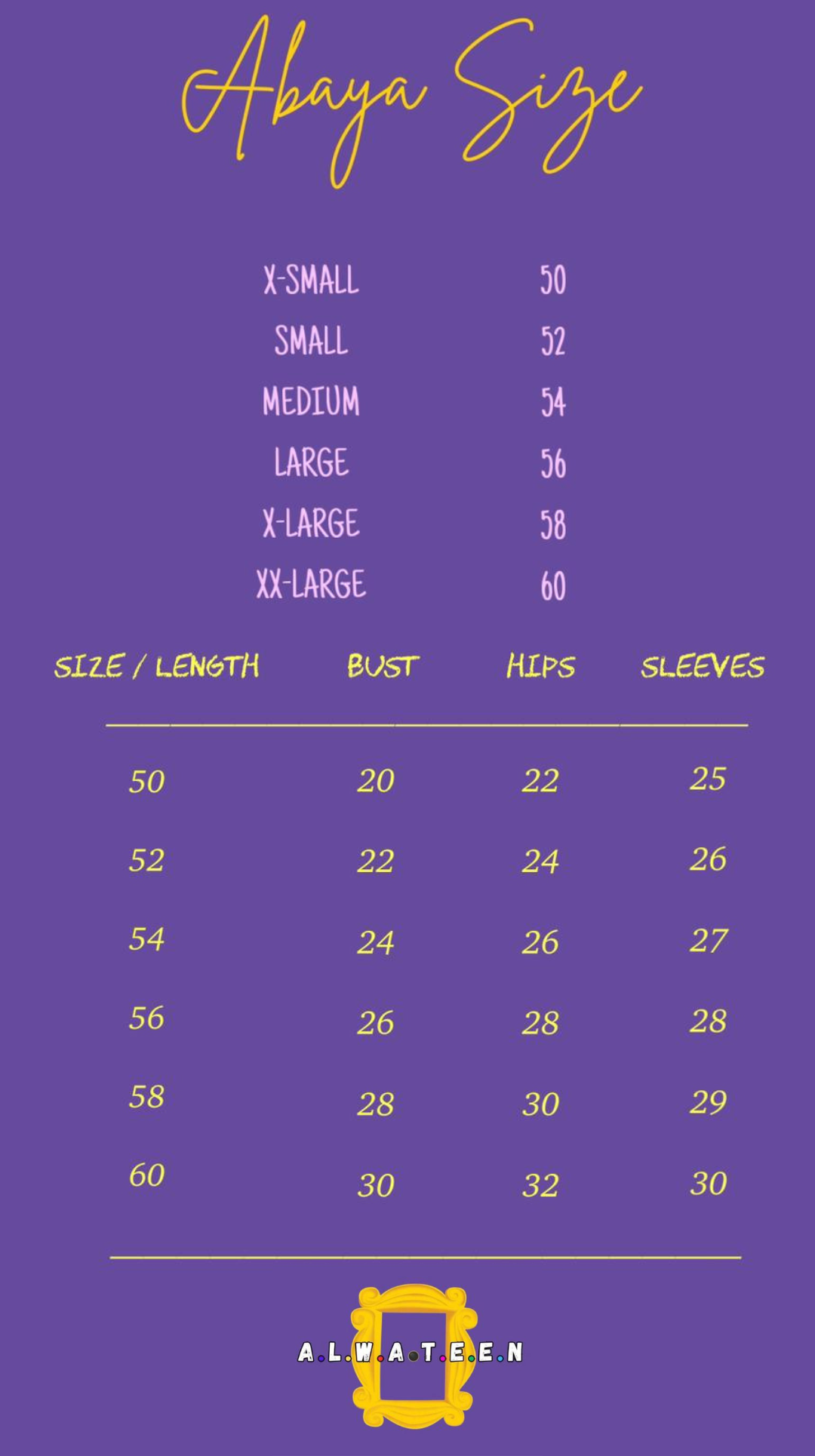 abaya size chart